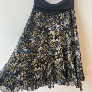 CAbi Reversible Blue and Yellow Floral Paisley Flowy Midi Skirt Size Small
